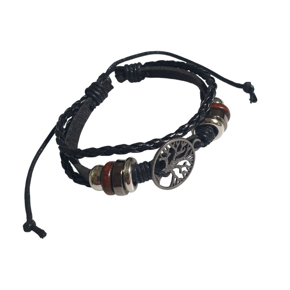 Adjustable Tree Of Life Leather Bracelet Multilayer Braided Design With Metal Ac